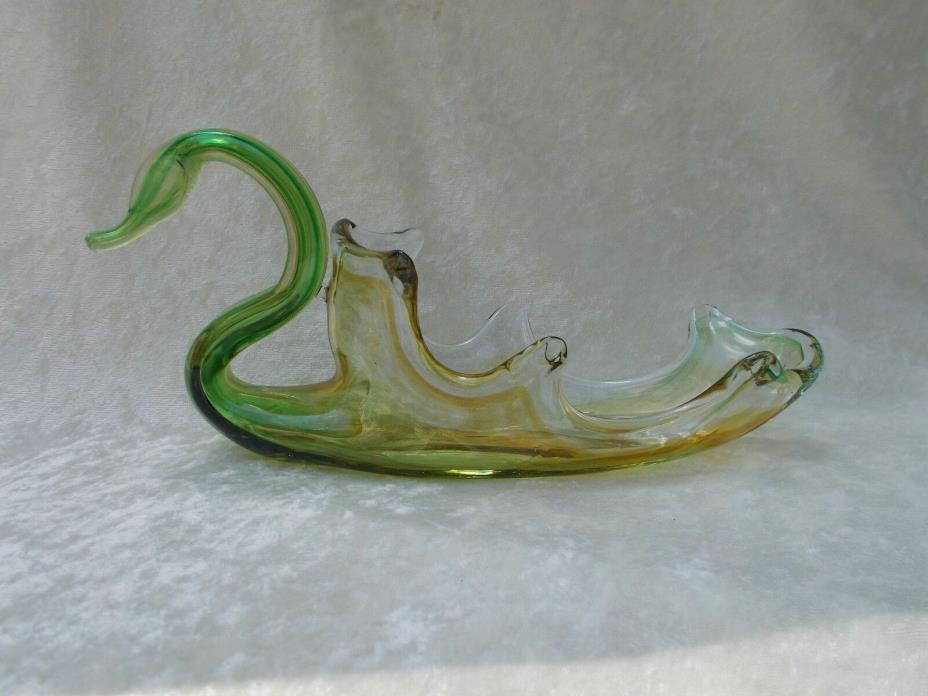 Art Glass Murano-Style Green/Yellow Swan Bowl/Dish