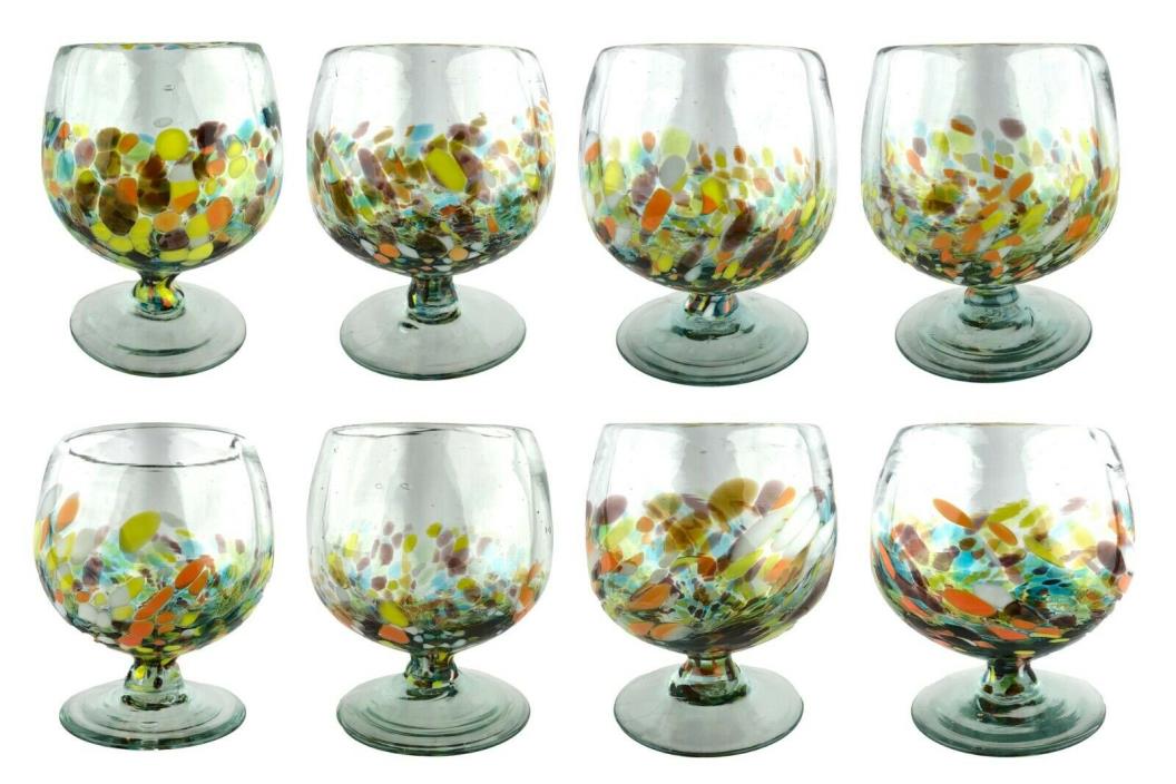 8 Heavy Colorful Hand Blown Cristulac Confetti Mexican Glasses Snifters Goblets
