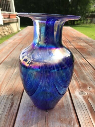 Larson Art Glass Vase Iridescent Cobalt Blue Signed 8 1/2”
