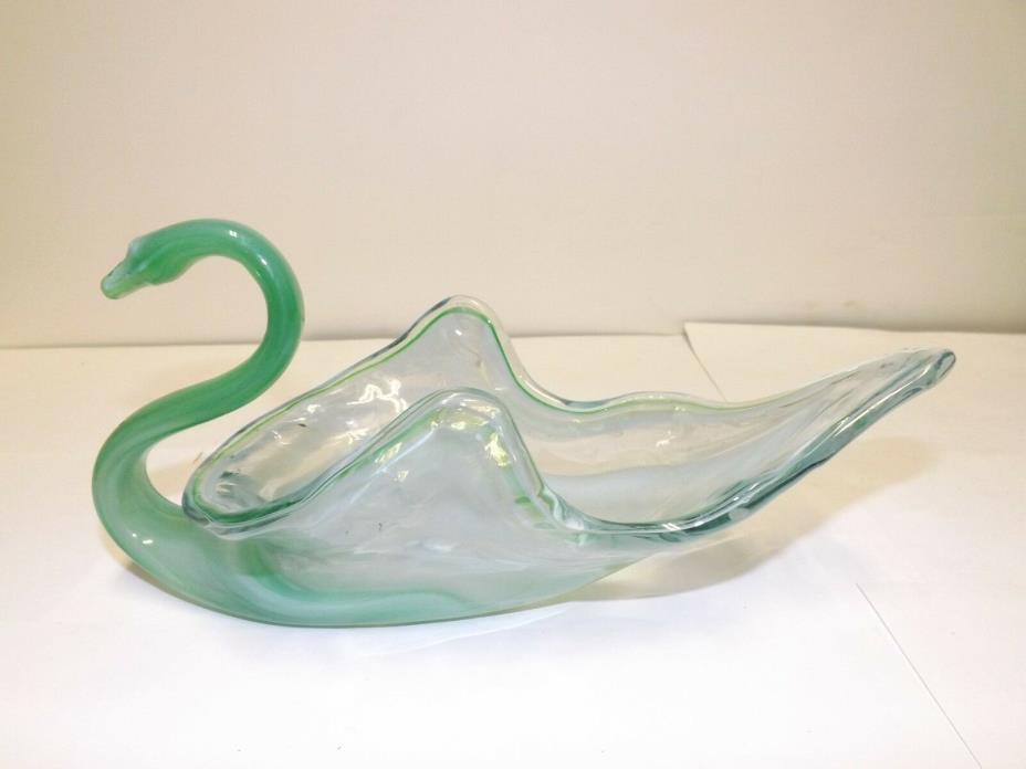 MURANO ART STYLE GREEN WHITE CLEAR GLASS SWAN DISH 10