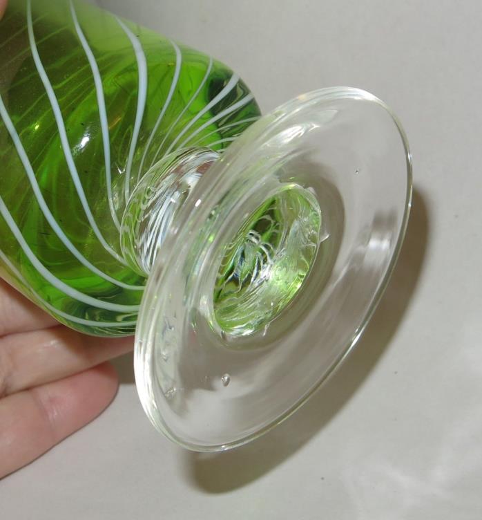 Vintage Hand Blown Glass Vase Green White Swirl