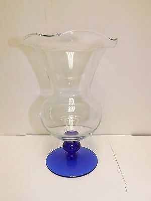 PH MARKED COBALT BLUE AND CLEAR GLASS RUFFLED RIM VASE