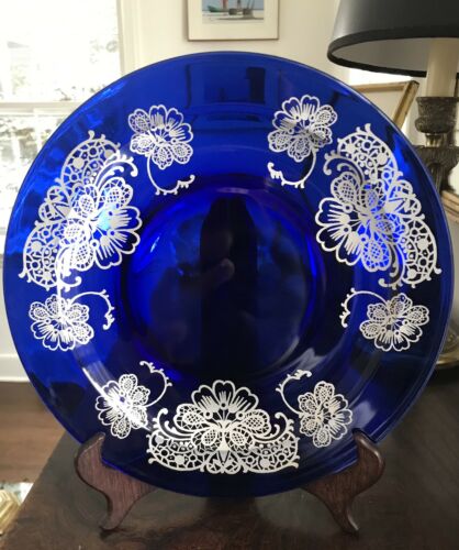 Cobalt Blue Glass Dinner Plates With Silver Overlay, Set Of 12