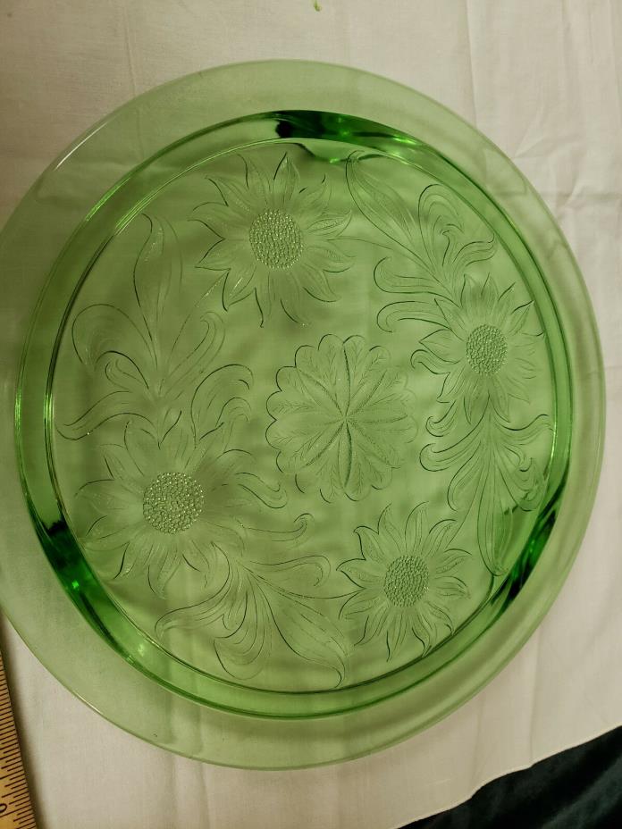 FOOTED VINTAGE GREEN GLASS CAKE PLATE