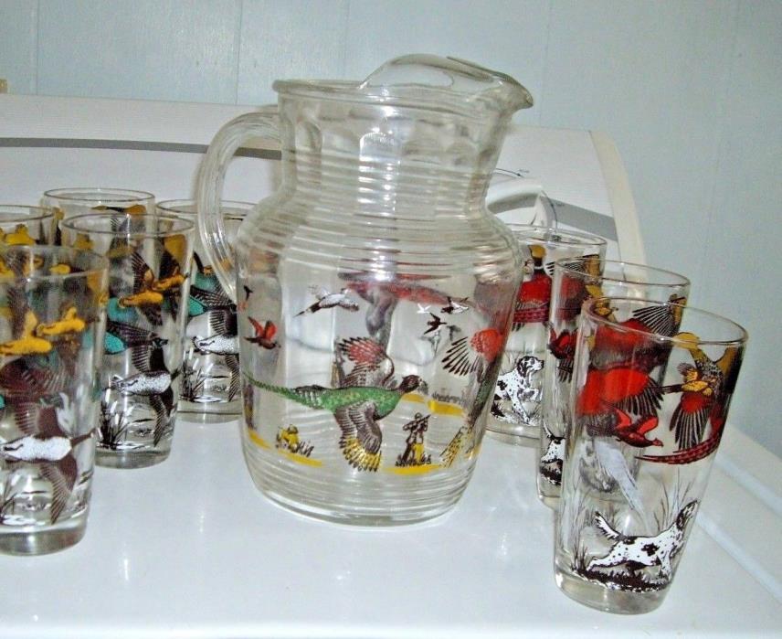 Vintage Hazel Atlas Pitcher Glass Set Hunting Pheasant Bird Scene Camp 9 glasses
