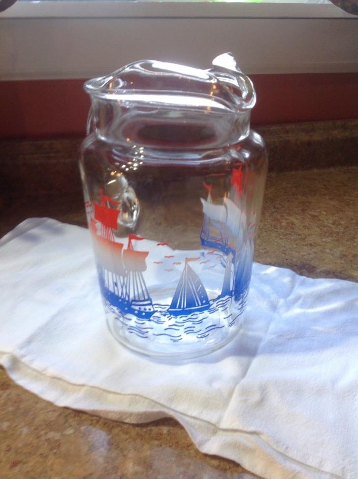 Anchor Hocking Clear Glass Vintage Water Pitcher With Sail Boats 1950's 60's VGC