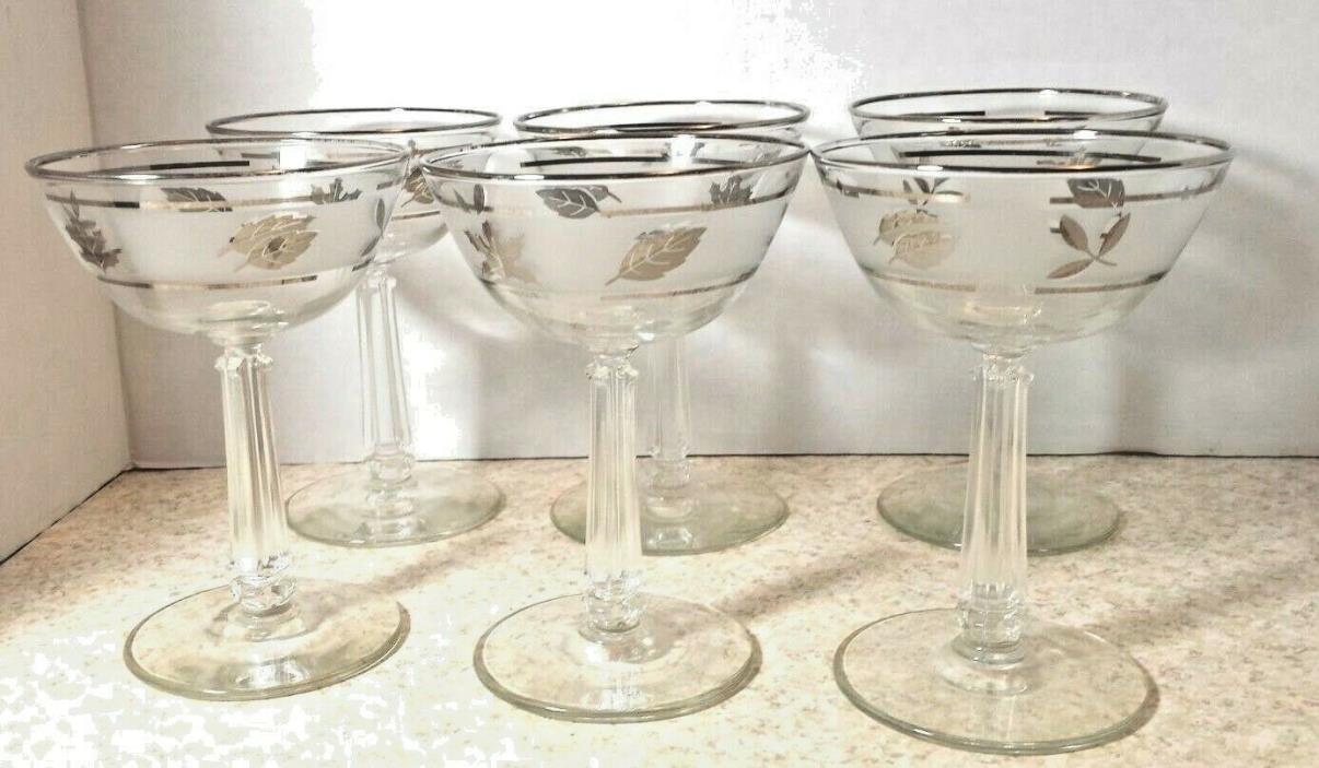 VINTAGE SILVER LEAF CHAMPAGNE GLASSES WINE GLASSES SET OF 6 FLUTED STEMS