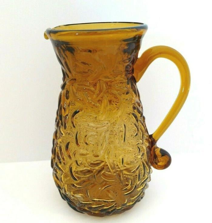 Vintage Amber Glass Beverage Pitcher Decorative Handle Sandwich Pattern 6