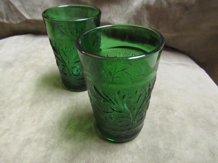 1950's Anchor Hocking Forest Green Color Glass Sandwich Pattern Juice Tumblers