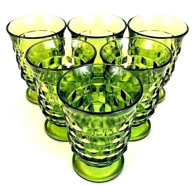 Indiana Glass Whitehall Footed Juice Glasses Avocado 5-ounce 1950s Set of 6 VG