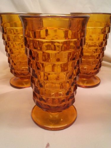 SET OF 8 VINTAGE AMBER INDIANA WHITEHALL FOOTED DRINKING GLASSES