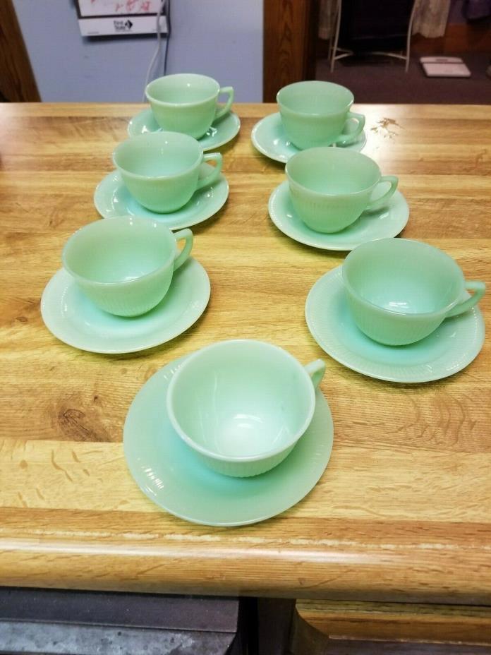 7 sets of Fire King Jadetie Jane Ray Cups and saucers