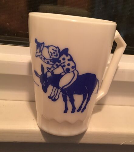 Vintage Hazel Atlas Child’s Milk glass Mug Cup White Blue Clowns Donkey Nice
