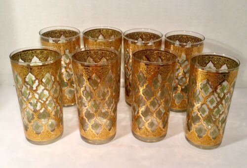 8 Culver Valencia Green and Gold Filigree MCM Drinking Glasses Highball Tumblers