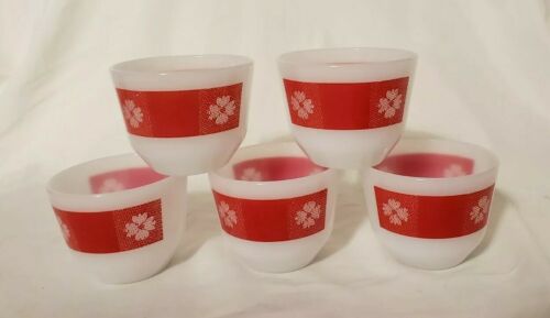 SET OF 5 VINTAGE FEDERAL MILK GLASS COUNTRY KITCHEN CUSTARD CUPS RED WHITE