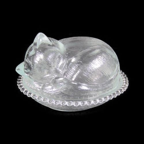 Vintage Indiana Clear Glass Sleeping Kitty Cat Covered Candy / Nut Dish / Beaded