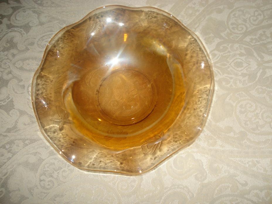 VINTAGE FLORAGOLD IRIDESCENT AMBER GLASS RUFFLED BOWL BY JEANNETTEL GLASS 9.5