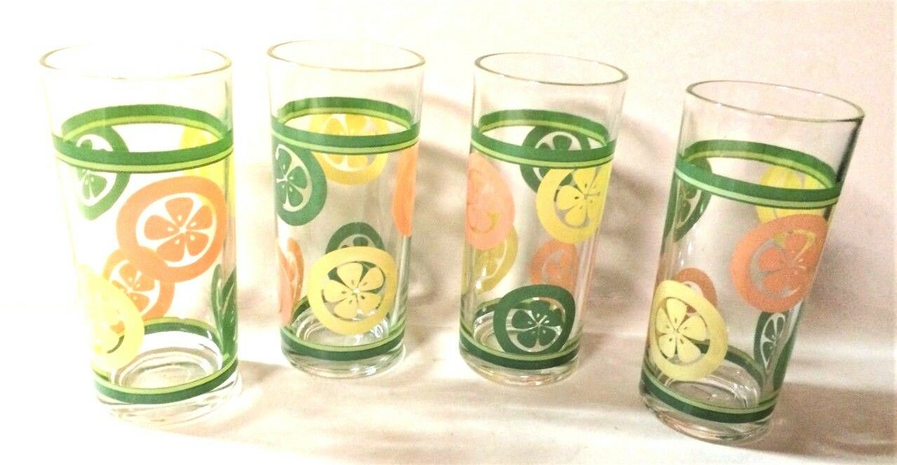 Vintage Glass Tumblers Orange and Lemon Slices Glasses Set of 4