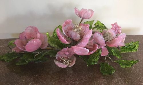Vintage Glass Floral Centerpiece Pink Roses/Poppies