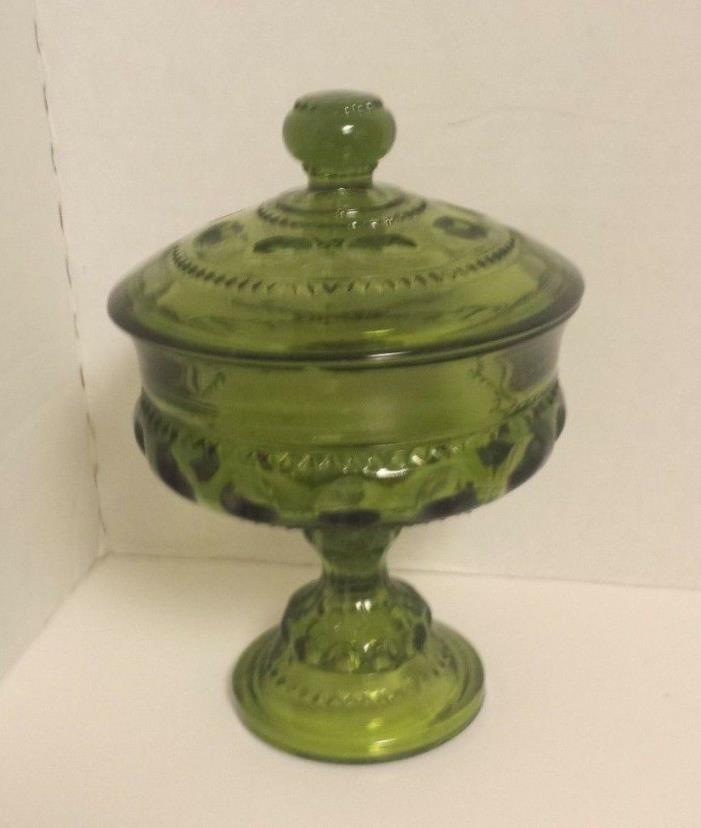 VINTAGE CANDY DISH AVOCADO GREEN FOOTED COVERED CANDY DISH MID CENTURY MODERN