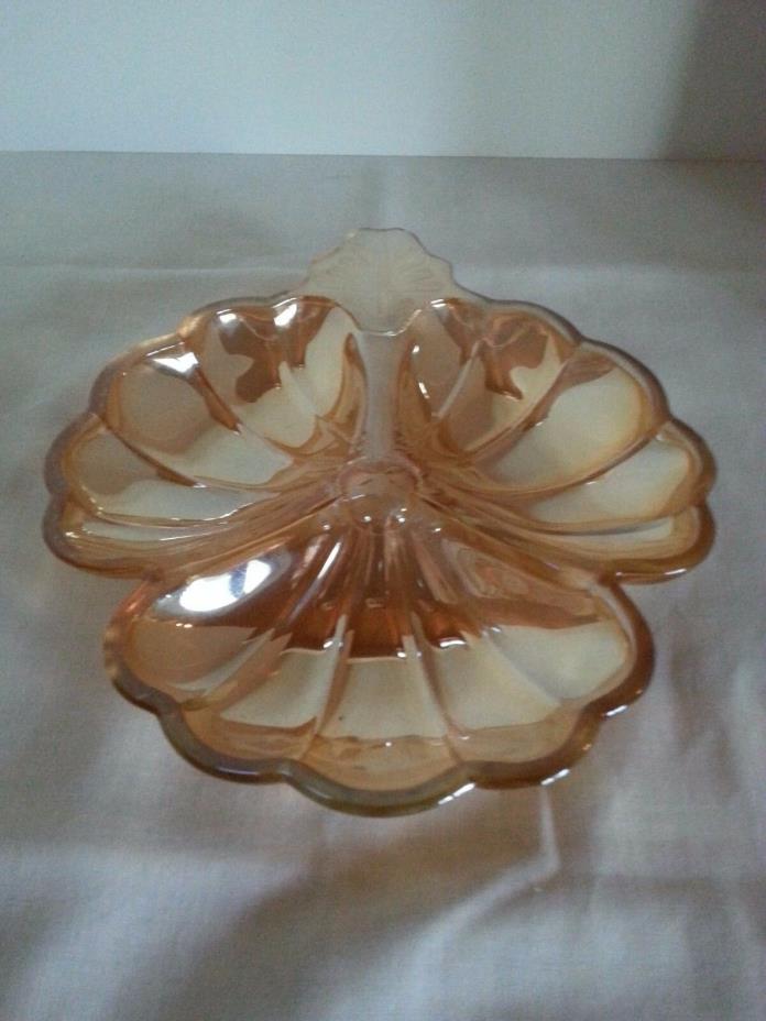 Jeannette Amber Iridescent Carnival Glass Clover Handled Relish Dish Bowl