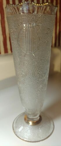 Vintage! 1950's Jeannette Glass Vase, Harp Pattern, Gold Trim, Footed