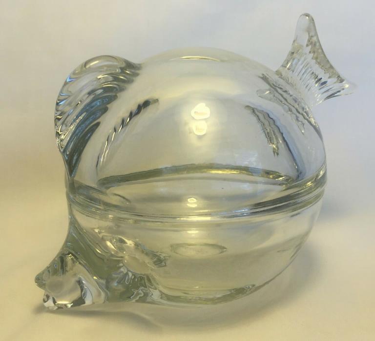 ANCHOR HOCKING  Clear Glass Kissing FISH Trinket Box / Candy / Mint Dish w Lid