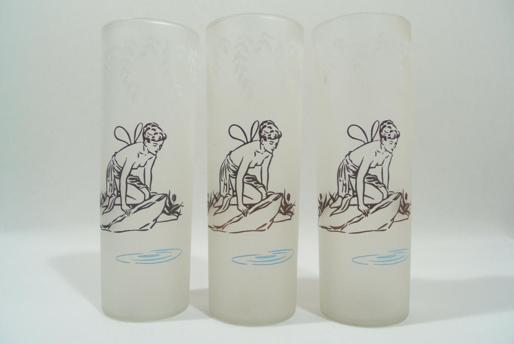Vintage Libbey Frosted Fairy Nymph Tumblers White Rock 1940s