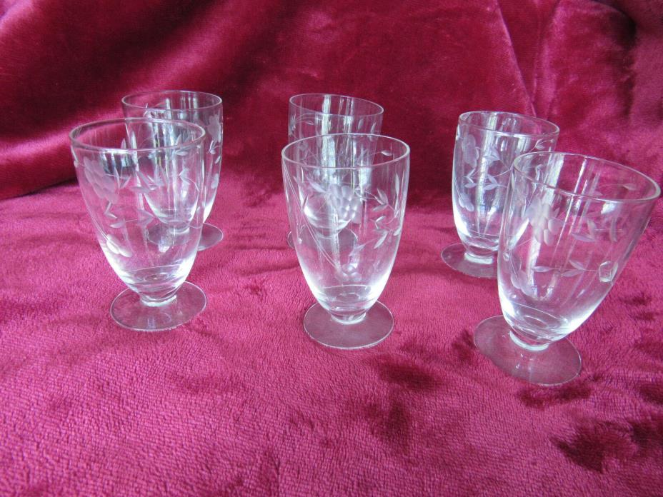 6 Vintage Crystal Etched Floral Juice Glasses  4” Footed