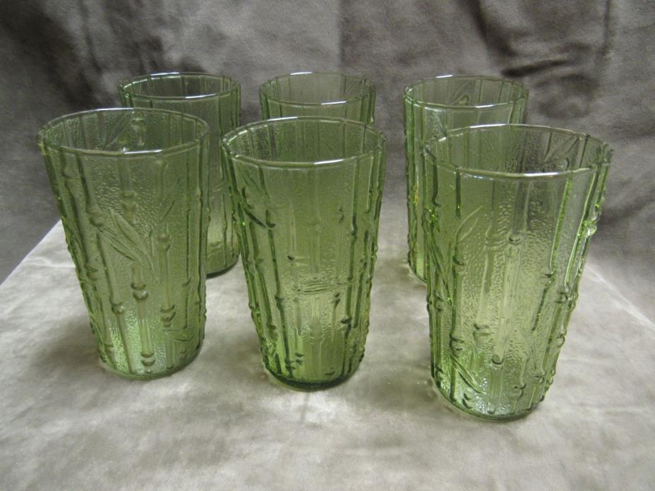 1970's Mid Century Modern Avocado Green Bamboo Pattern Glass Tumbler Lot of 6