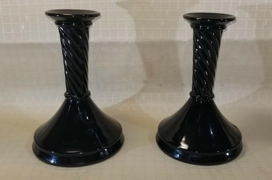 Vintage Amethyst Black Glass Pair of Swirl Stem Candlestick Holders