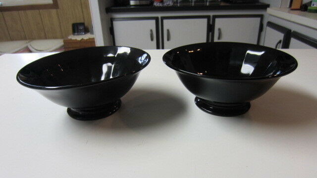 2) Vintage Black / Amethyst Glass Low Footed Serving Bowls, 6 3/4 in. Across Top