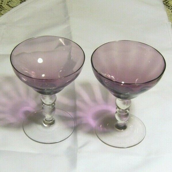 SET OF 2 AMETHYST PURPLE OPTIC PANEL CRYSTAL GLASS CHAMPAGNE GOBLETS 5