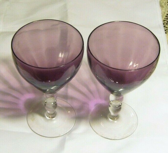 SET OF 2 AMETHYST PURPLE OPTIC PANEL CRYSTAL GLASS WINE GOBLETS 6 3/8