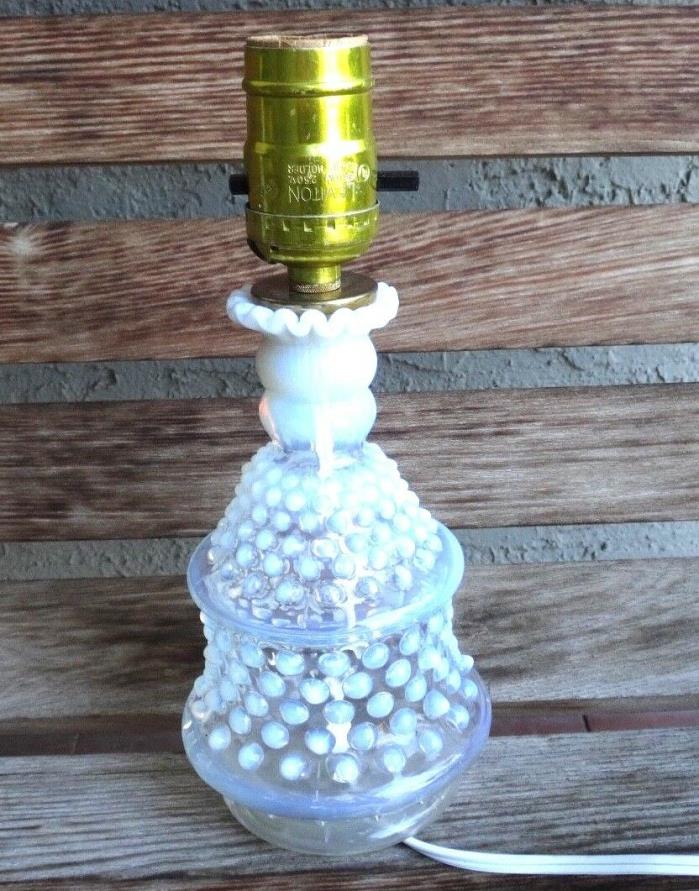 Vintage Fenton White French Opalescent Hobnail Boudoir Lamp, Pie Crimp Top