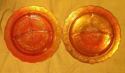 2 Marigold Carnival Normandie Divided Glass Plate Bouquet & Lattice Plate 30's