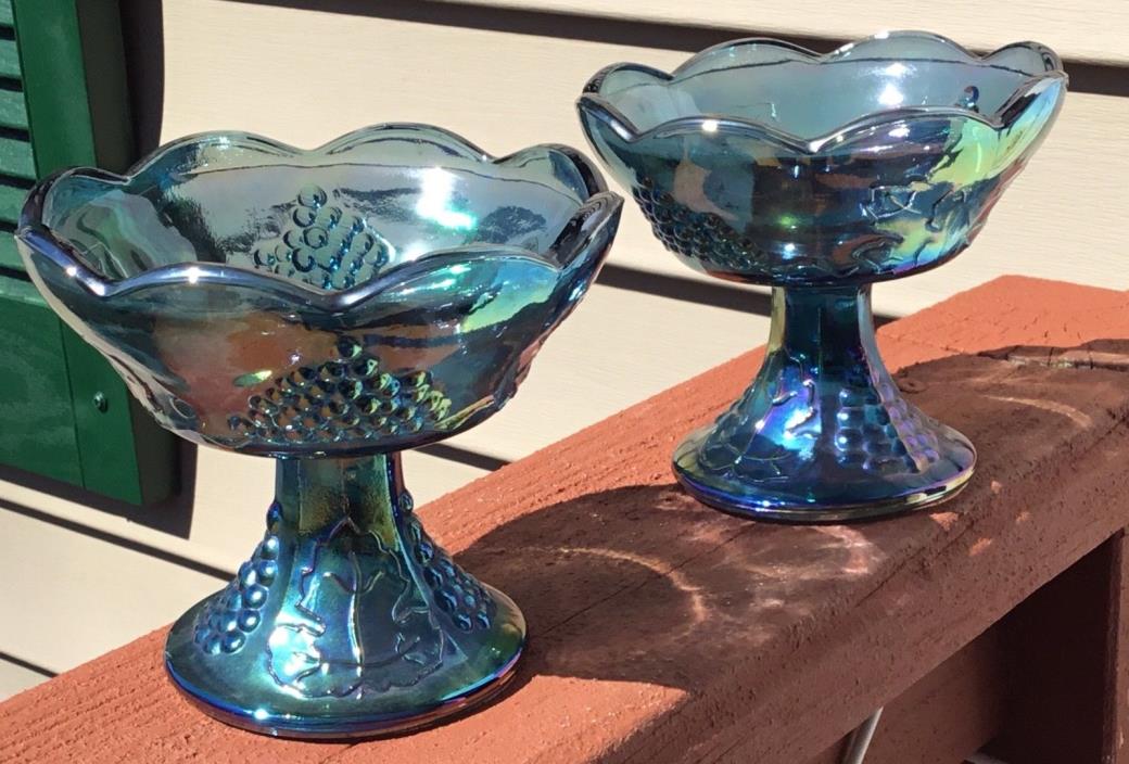 PAIR VINTAGE INDIANA BLUE CARNIVAL GLASS CANDLE HOLDERS HARVEST GRAPE