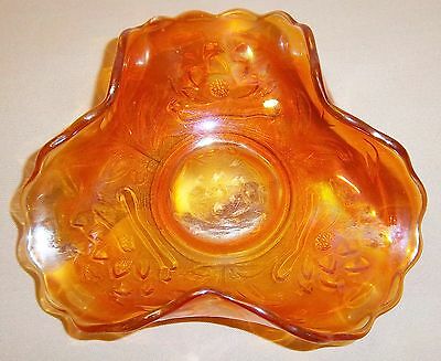 CARNIVAL GLASS THREE SIDED RIBBED EDGE FLOWER PATTERENED BOWL.