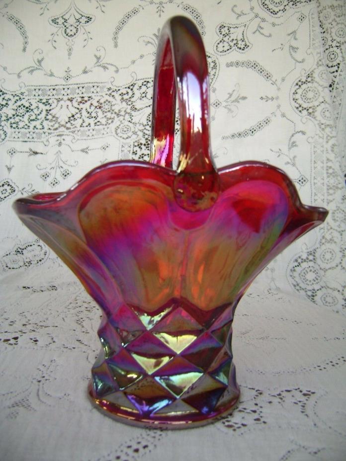 Iridescent Red Carnival Glass Basket Fenton