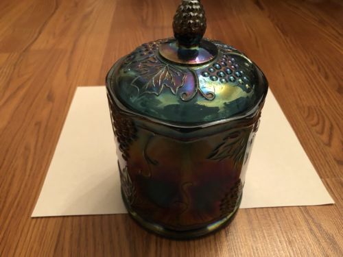 Indiana Carnival Glass Iridescent Blue Harvest Grape Biscuit Jar-Cookie-Tobacco