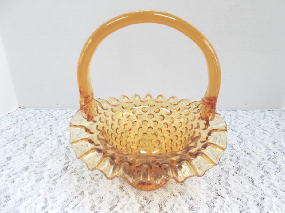 Vintage Fenton Glass Amber Hobnail Basket Applied Handle Ruffled Design