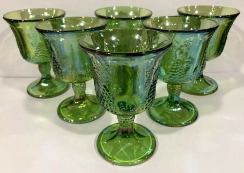 Set of 6 • Vintage Green Carnival Glass Indiana Harvest Grape Iridescent Goblets