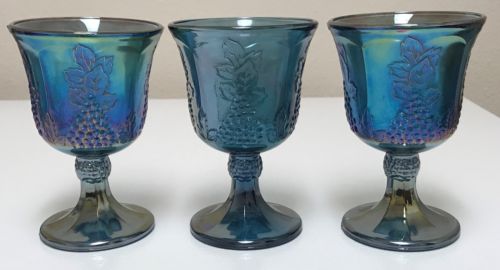 Indiana Colony Carnival Glass Harvest Grapes Iridescent Blue Water Goblets Set 3