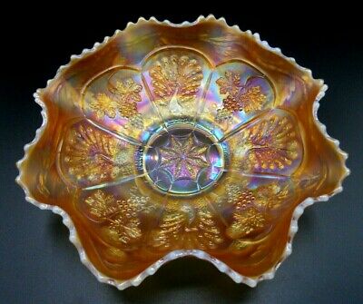 VERY RARE! VINTAGE FENTON PEACH OPALESCENT PEACOCK AND GRAPE CARNIVAL GLASS BOWL