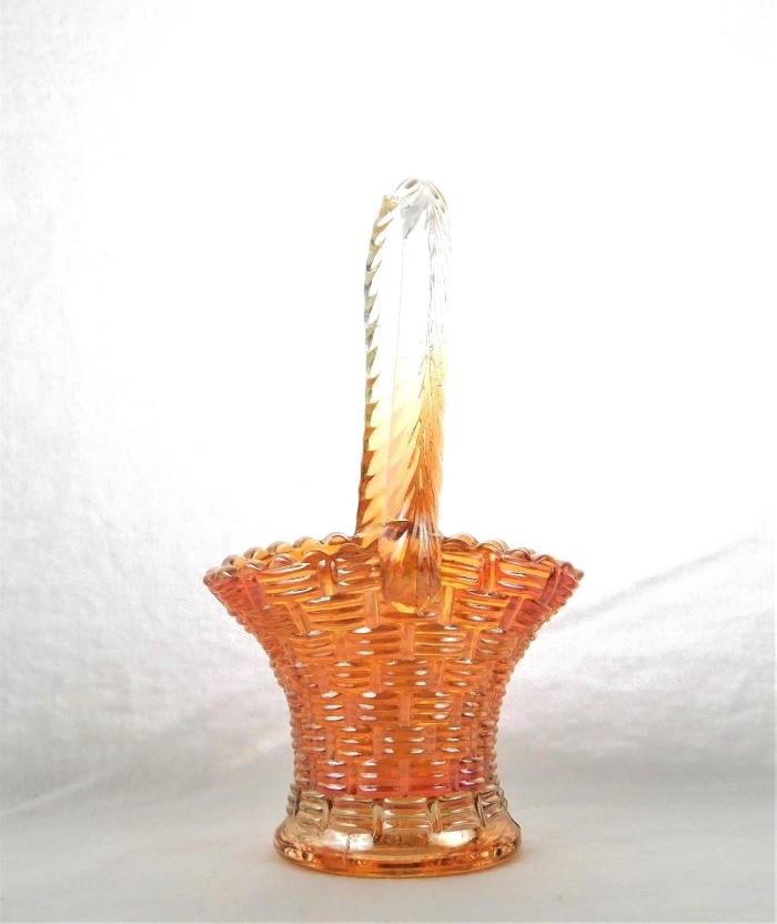 Vintage Fenton Marigold Carnival Glass Basket with Basket Weave Handle