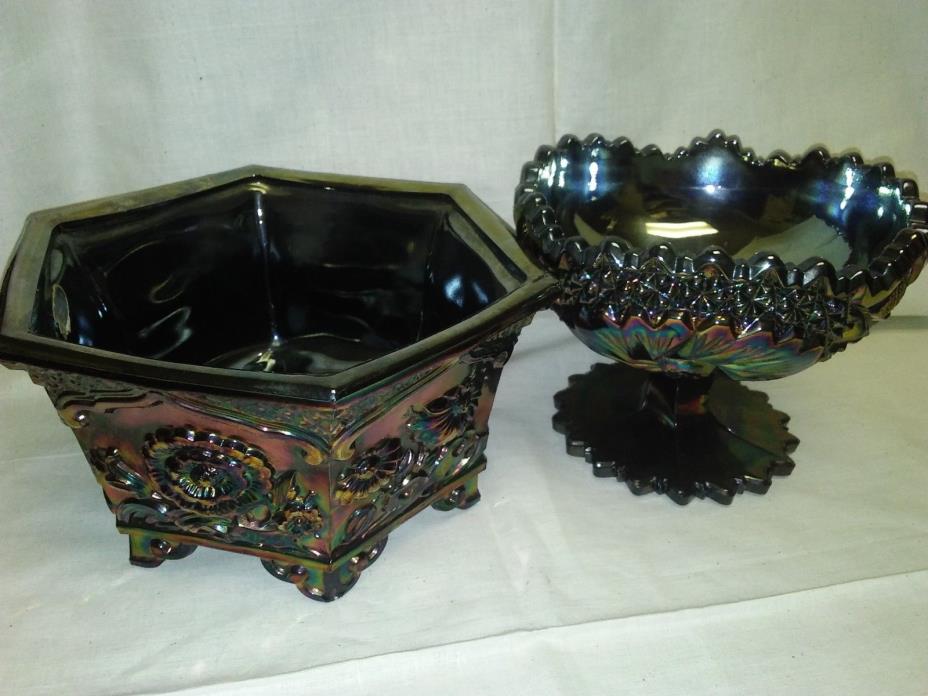 FENTON Carnival Glass Black Amethyst  Hobstar STAR Cut Compote and Hexagon Bowl