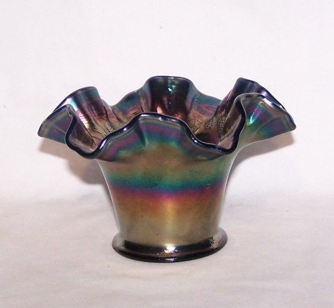 Fenton Blackberry Spray Carnival Crimped Ruffled Edge Compote Iridescent Blue