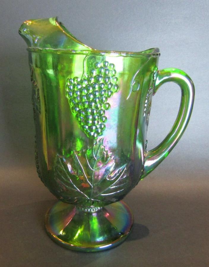 Vintage Green Carnival Glass Footed Pitcher, Embossed Grapes & Leaves Design
