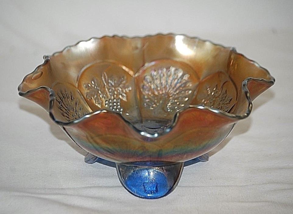 Antique Fenton Peacock & Grapes Cobalt Carnival Glass Spatula Footed Bowl Wavy