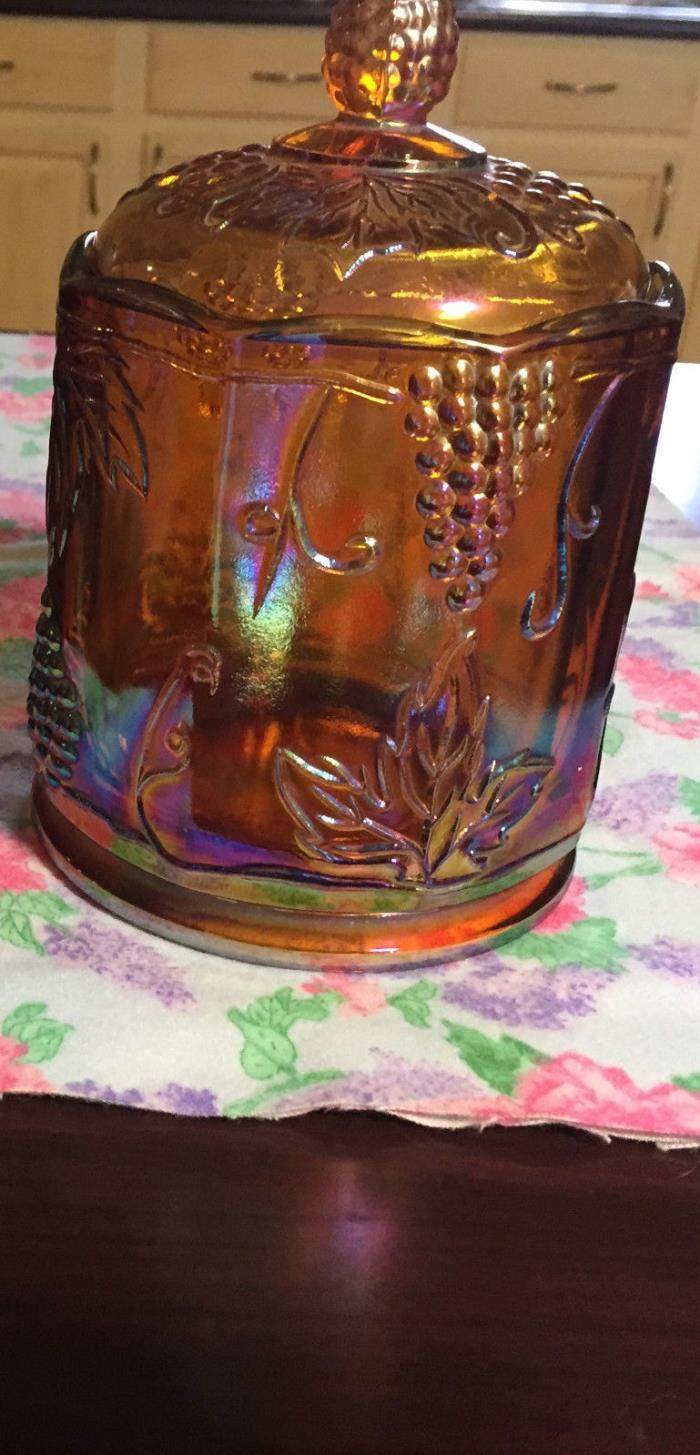 CARNIVAL GLASS AMBER CANDY JAR WITH LID